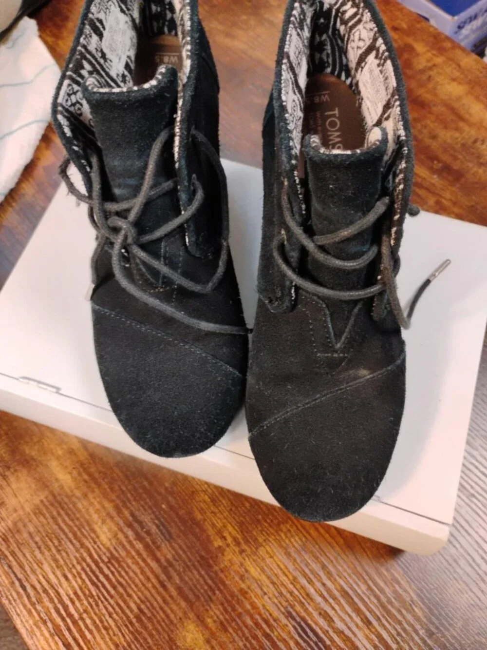 TOMS Black Suede Lace-Up Wedge Ankle Booties Women’s Size 8.5